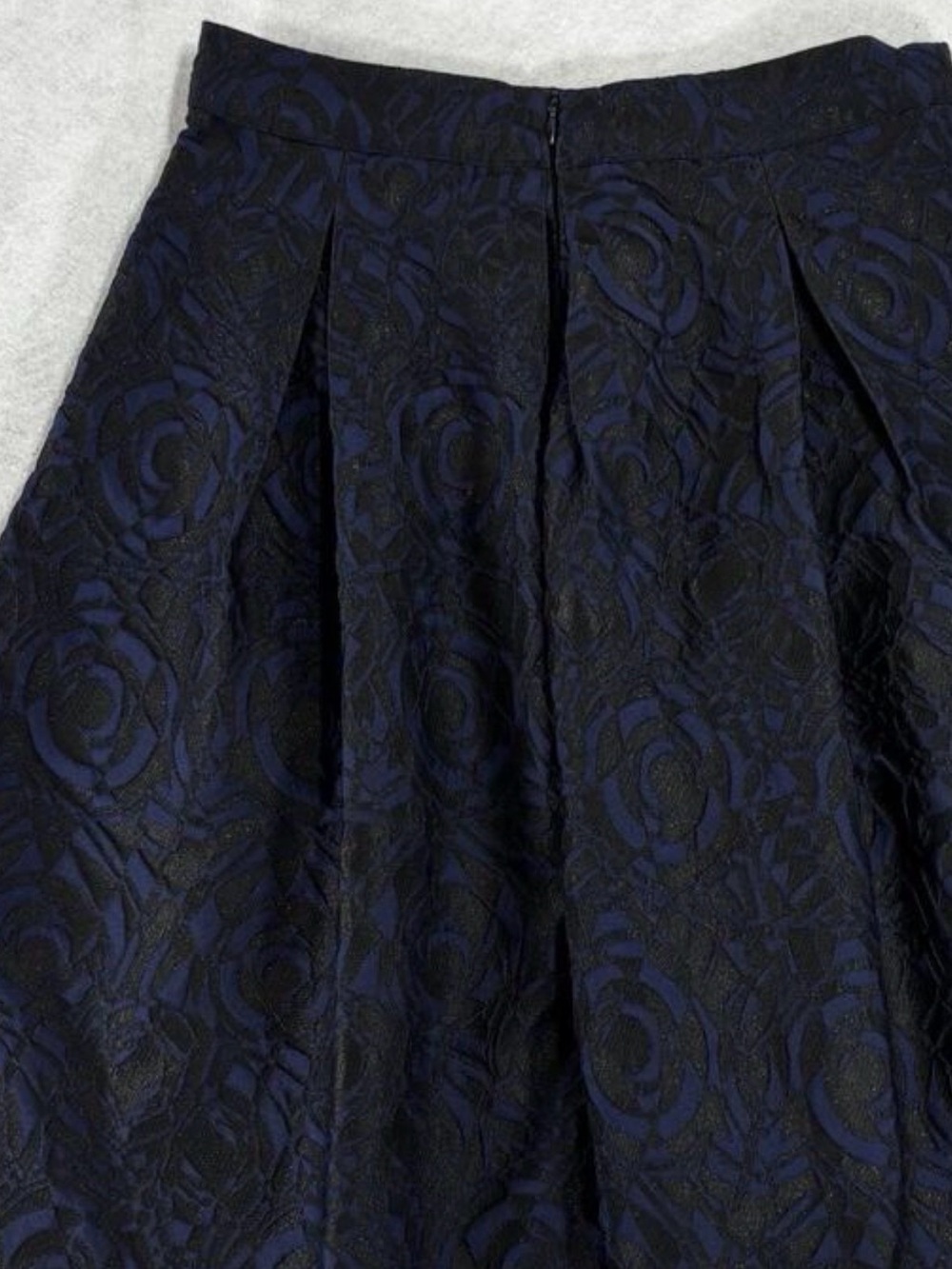 Blue Black Jacquard Pleated Pockets Midi Skirt S Fit Flare Party‎ Dark Romantic